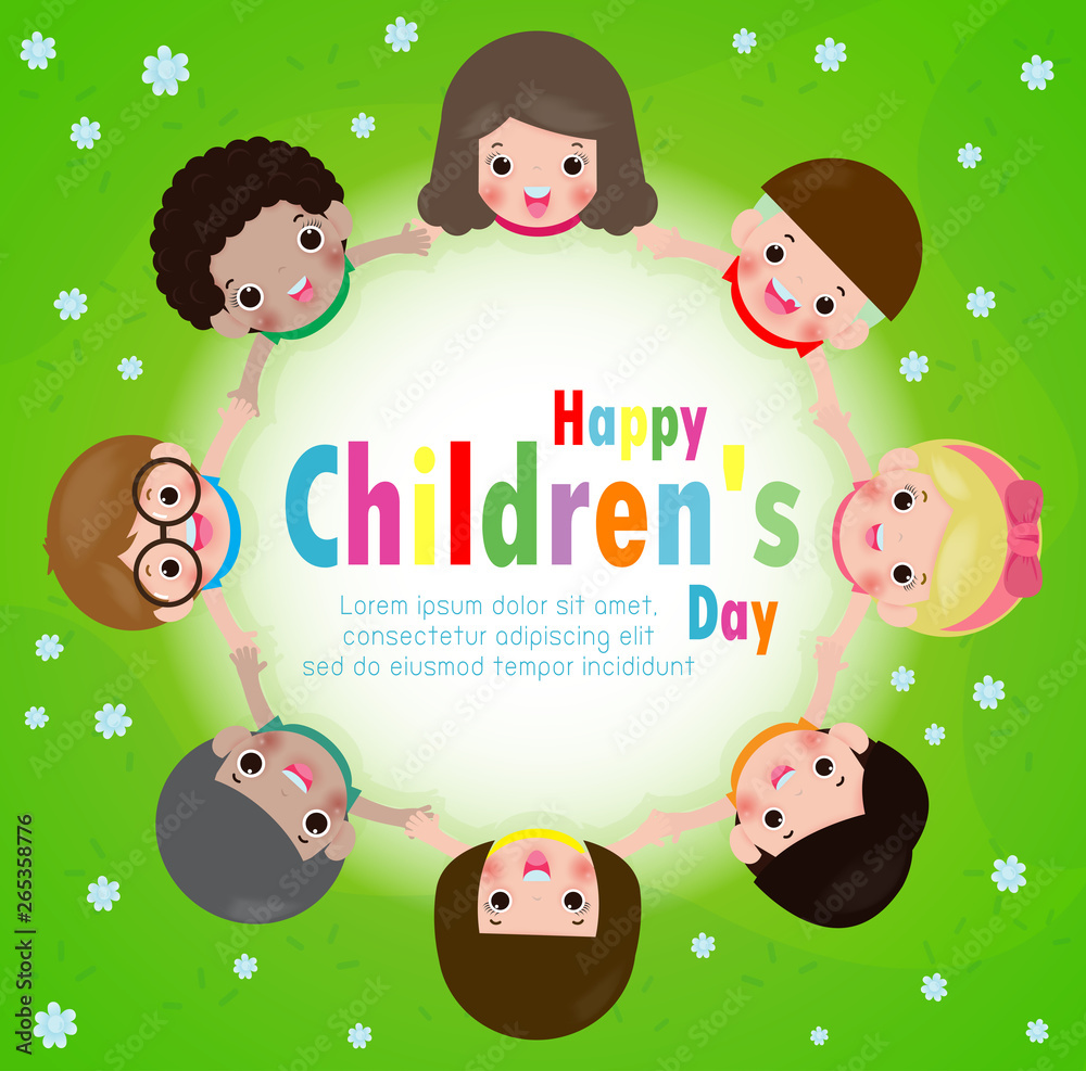 Happy children's day background poster with happy kids holding hands in ...