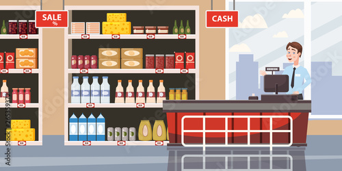 Supermarket or store interior with shelves and goods, groceries, cash desk and cashier
