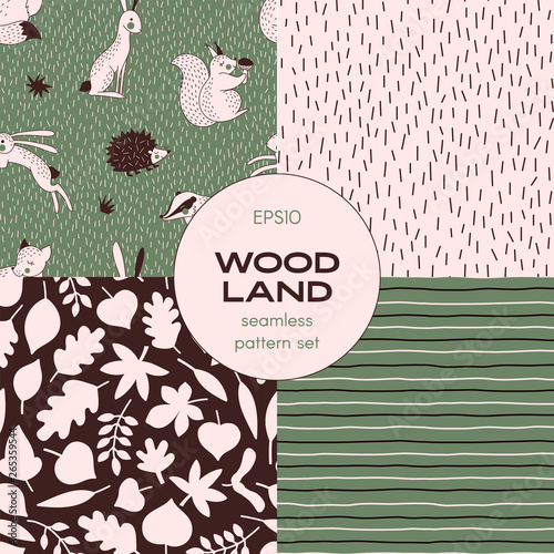 Forest wildlife childish vector seamless pattern set. Hedgehog Squirrel Hare Fox Badger woody creatures repeatable background. Forest Tree Leaves print. Linear striped backdrop. Simple neutral doodle