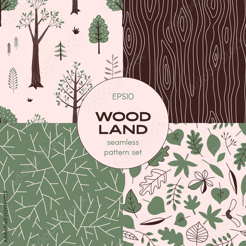 Forest wildlife childish vector seamless pattern set. Park landscape with plant and trees repeatable background. Simple linear branch neutral backdrop. Woodland tree leaves graphic print. Woody doodle