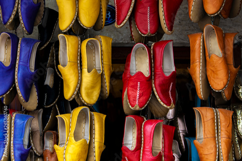 Traditional colorful Turkish handmade leather slipper shoes on a market in Gaziantep, Turkey.