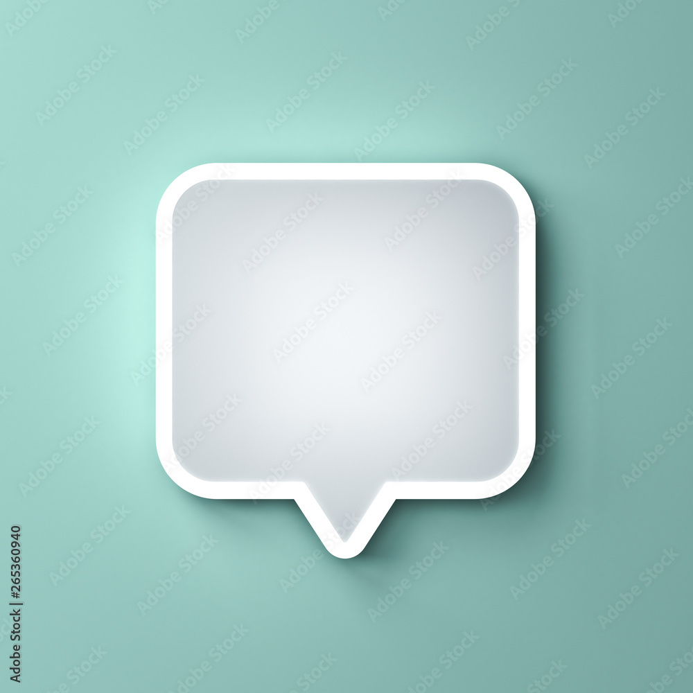 Blank neon light white speech bubble pin or Chat pop up notification icon isolated on green pastel color wall background with shadow 3D rendering Blank neon light white speech bubble pin or Chat pop up notification icon isolated on green pastel color wall background with shadow 3D rendering