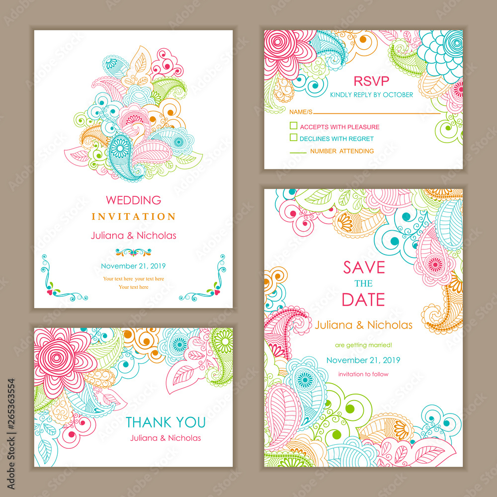 Wedding Invitation, with rsvp, save the date and thank you card ethnic style. Summer pattern of flowers and leaves.Vector illustration.