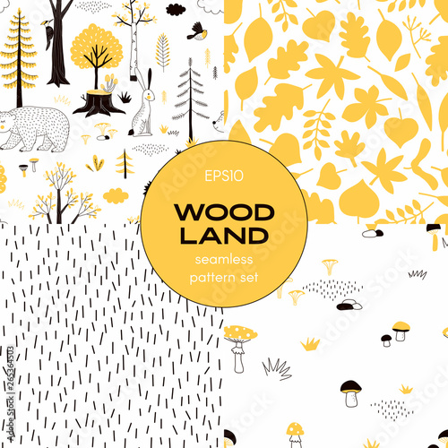 Forest wildlife childish vector seamless pattern set. Woody landscape with Hedgehog Bear Hare creatures repeatable print. Autumn Mushroom harvest background. Woodland tree leaves flat backdrop. Simple