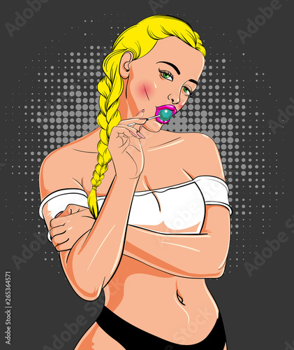 Cartoon style girl character with candy sweet and blonde hair. Vector illustration.