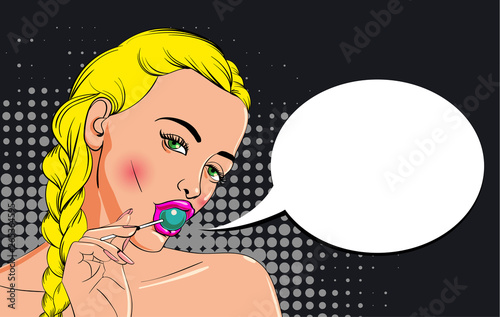 Cartoon style girl character with candy sweet and blonde hair. Vector illustration.