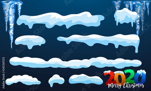 2020 winter decorations Set of snow icicles, snow cap isolated. Snowy elements on winter background. 2020 Christmas Vector snow template in cartoon style