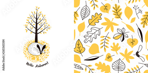 Forest wildlife childish fashion textile graphics set with t-shirt print and accompanied tileable background in decorative Scandinavian style. Cute badger sleeping in fall leaves under the tree