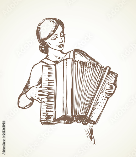 Lady plays the accordion. Vector drawing