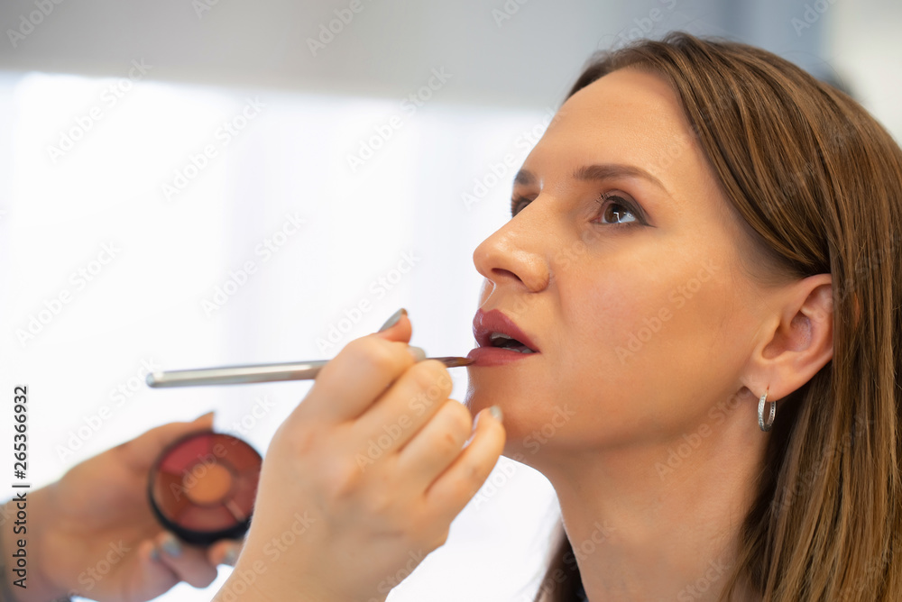 Makeup Artist applies lipstick to a beautiful woman Makeup Artist applies lipstick to a beautiful woman