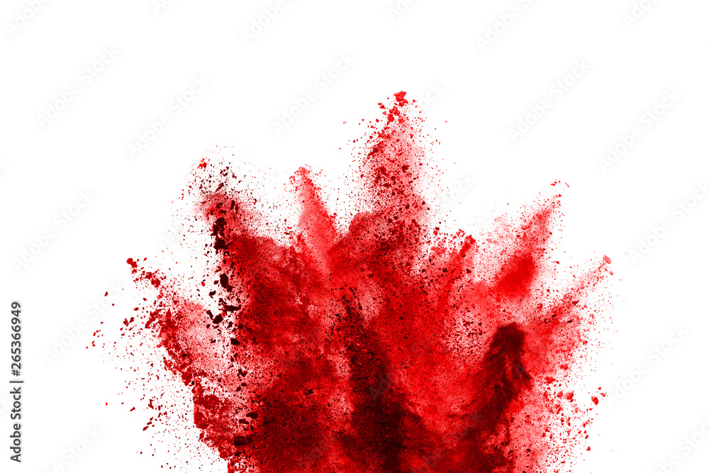 Freeze motion of red powder exploding, isolated on white background. Abstract design of red dust cloud. Particles explosion screen saver, wallpaper Freeze motion of red powder exploding, isolated on white background. Abstract design of red dust cloud. Particles explosion screen saver, wallpaper