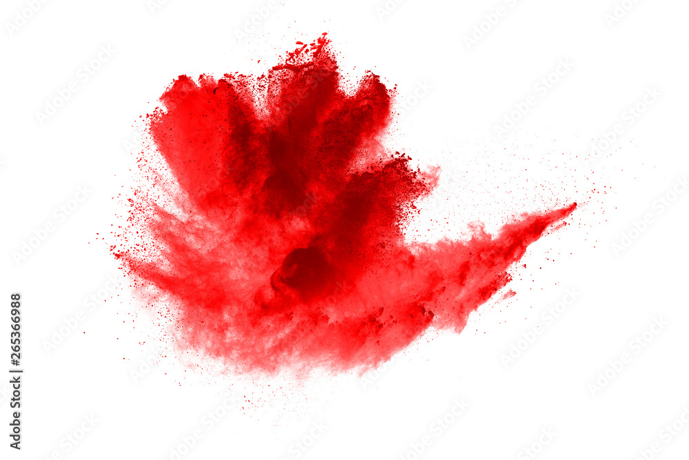 Freeze motion of red powder exploding, isolated on white background. Abstract design of red dust cloud. Particles explosion screen saver, wallpaper