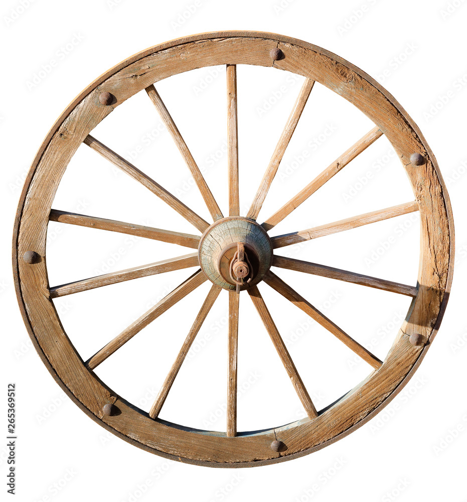 isolated on white background old wheel of a wooden agricultural cart