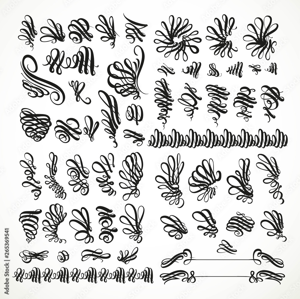 Fototapeta premium Large set of calligraphically executed black design elements on a white background