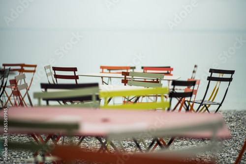 Chairs and tables for cafe on the beach
