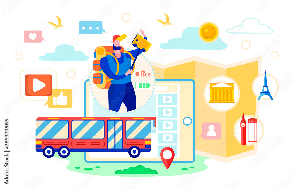Vector Illustration Vlog Bus Travel Cartoon Flat.