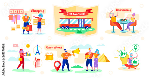 Set Advantages Best Bus Tour Vector Illustration.