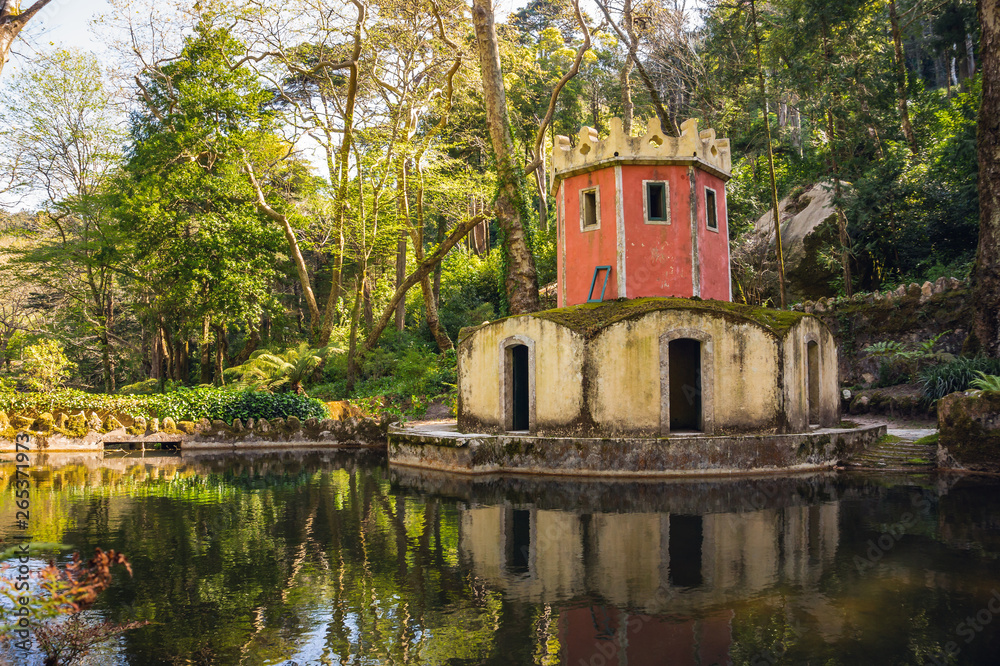 Tower in the pond. Park of the Palacio Nacional de Pena, Sintra