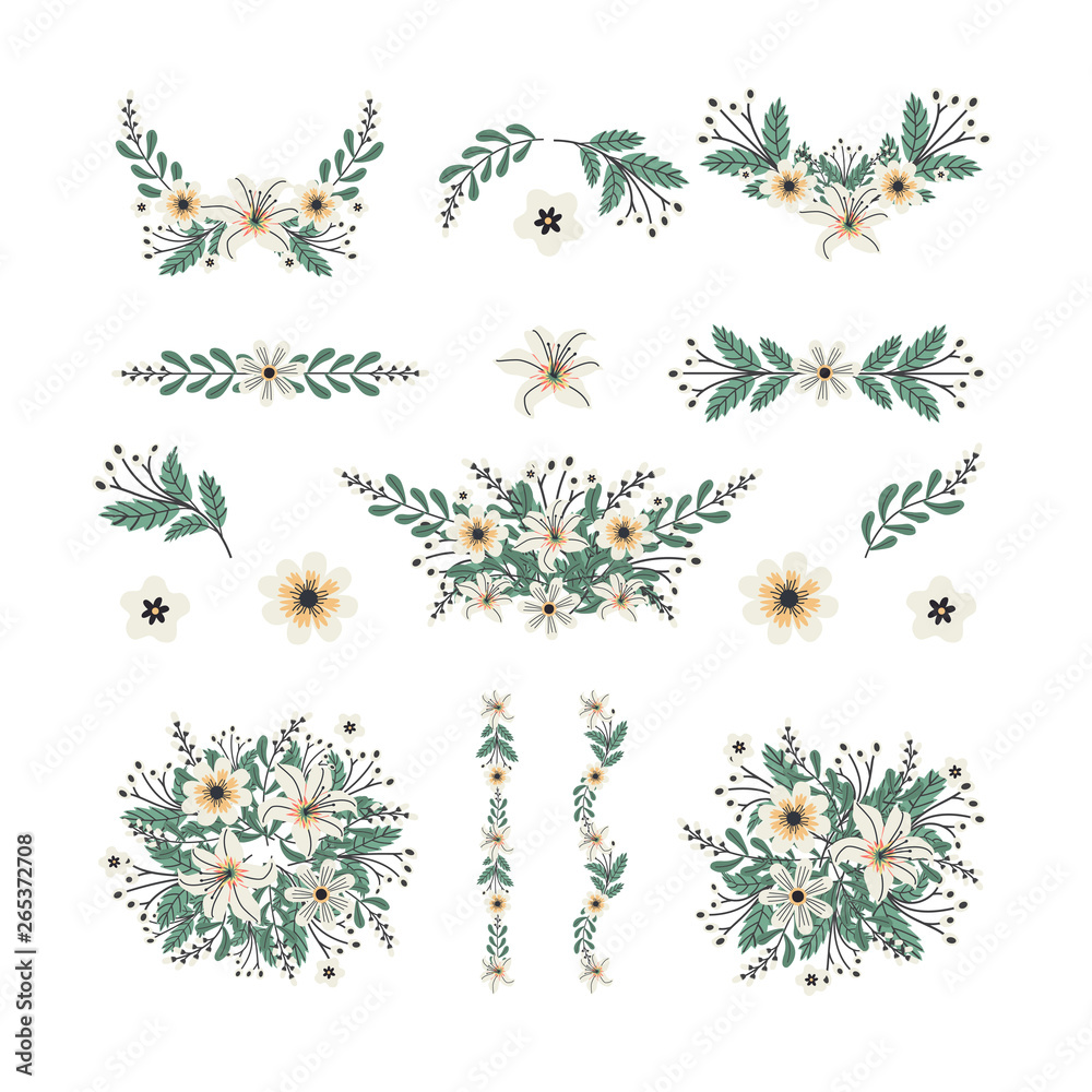 Isolated flower elements with branch and leaves. Vector bouquet and decorative object. Blooming floral material for graphic design.