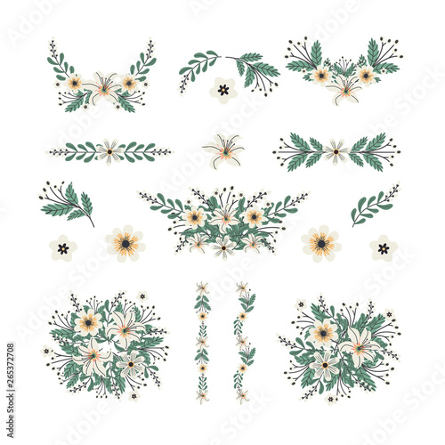 Isolated flower elements with branch and leaves. Vector bouquet and decorative object. Blooming floral material for graphic design.