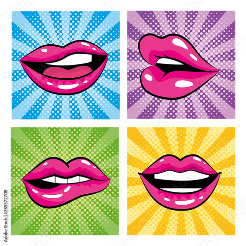 set mouth with teeth and tongue pop art design