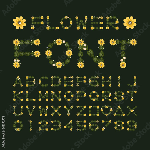 Isolated flower font alphabet character with number and symbol, Vector floral wreath ivy style with branch and leaves.