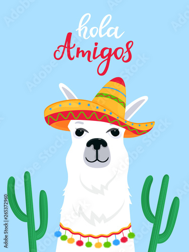 Funny alpaca in a Mexican sombrero. Hola Amigos hand drawn lettering