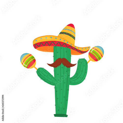 Cinco de Mayo. 5th of May. Funny cartoon cactus with a mustache in a sombrero playing on maracas.