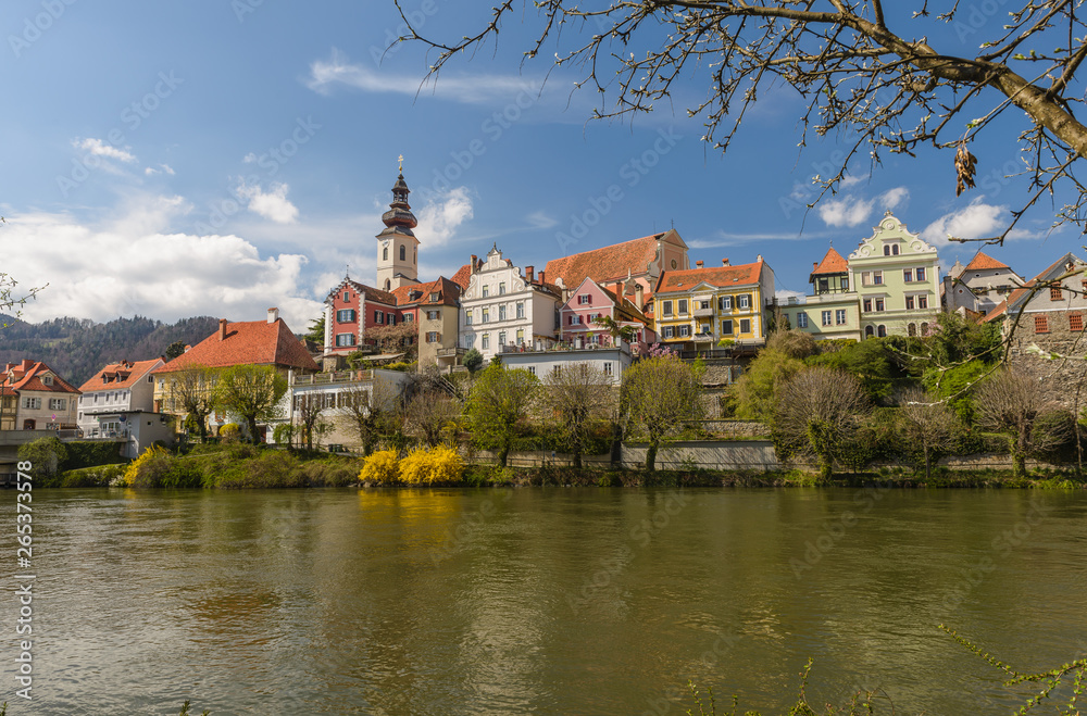  View of old town of Frohnleiten above Mur river, Styria, Austria