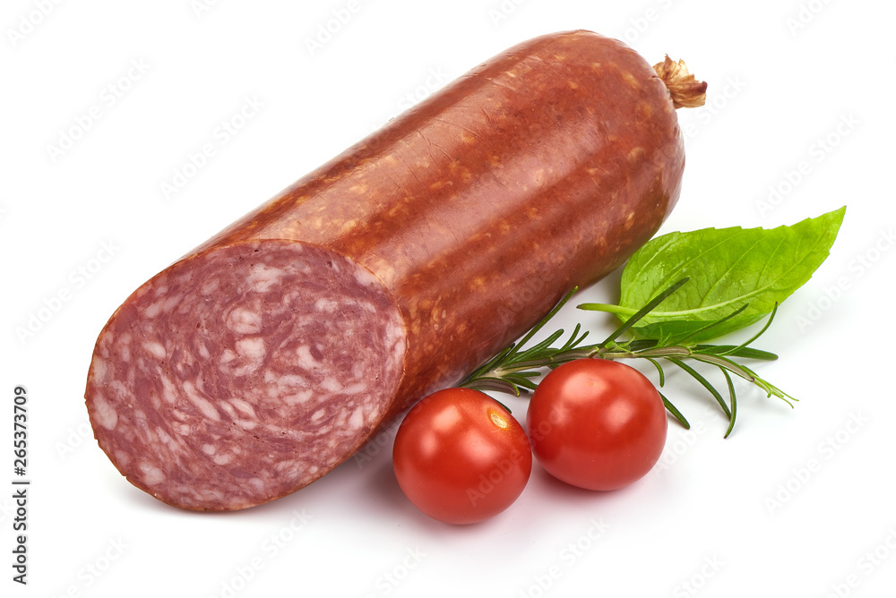 Salami smoked sausage, close-up, isolated on white background