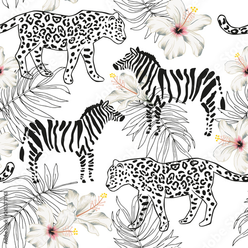 Tropical leopard  zebra animal  palm leaves  hibiscus flowers  white background. Vector seamless pattern. Graphic line illustration. Exotic jungle. Summer beach floral design. Paradise nature