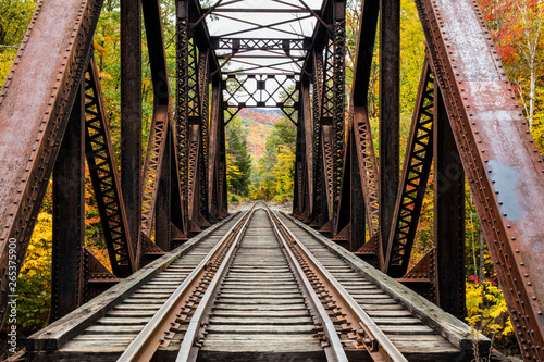 Iron railroad bridge over Sawyer River with trees in autumn colours, White Mountains National Forest; New England, United States of America