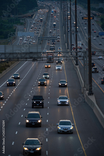 Highway 401 looking West towards Yonge Street at dusk; Toronto, Ontario, Canada photo