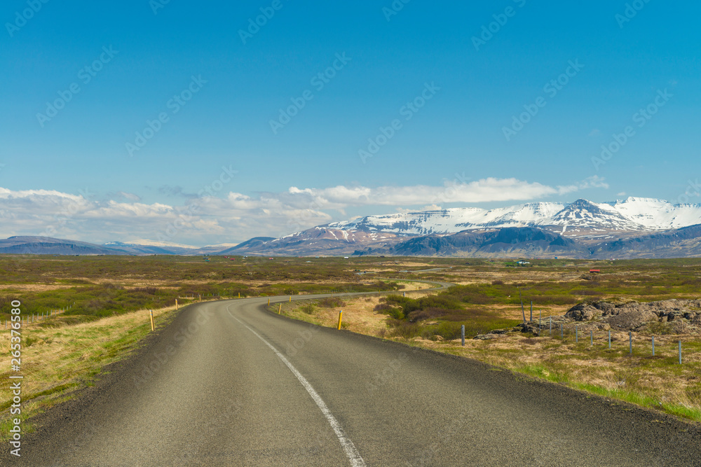 Looking along road from the Snaefellsnes peninsula to Borgarnes; Iceland Looking along road from the Snaefellsnes peninsula to Borgarnes; Iceland