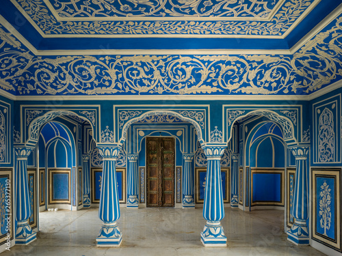 Ornate designs on the walls and pillars in blue and white, City Palace, Maharaja Sawai Mansingh II Museum, Mubarak Mahal; Jaipur, Rajasthan, India