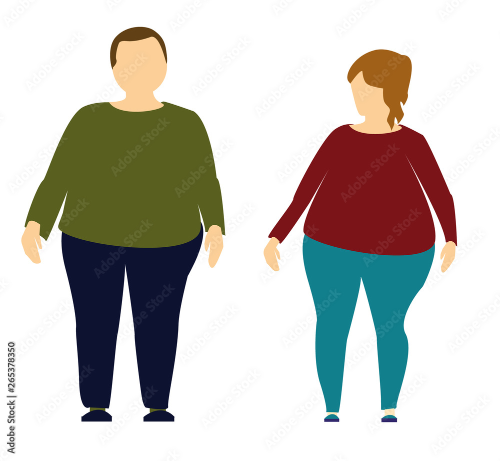 Plus size man and woman. Body positive concept. I love my body. Attractive overweight couple. For Fat acceptance movement, no fatphobia. Illustration on white background Plus size man and woman. Body positive concept. I love my body. Attractive overweight couple. For Fat acceptance movement, no fatphobia. Illustration on white background