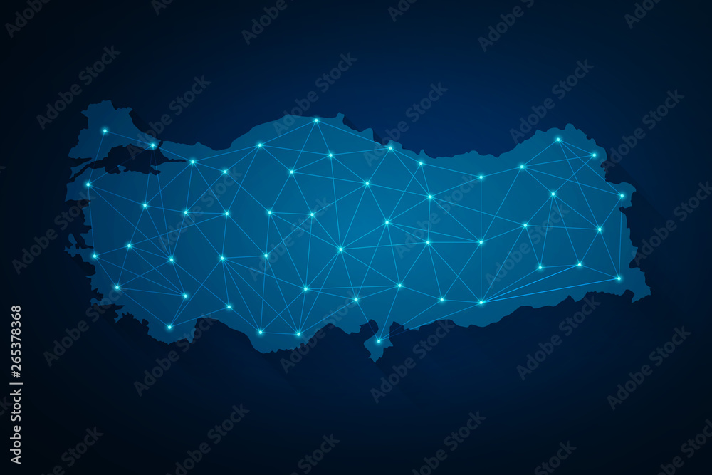 Fototapeta Globalne połączenie sieciowe. Niebieskie punkty mapy Turcji i koncepcja składu linii globalnego biznesu, wektor
