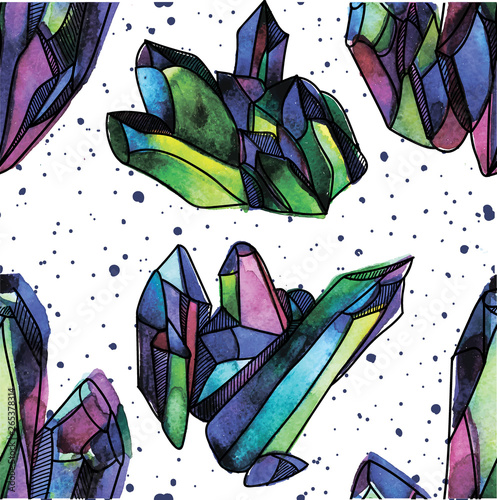 Crystals. Seamless pattern. Drawing by hand in vintage style. Texture of watercolor paint. Multicolored, bright drawing. Jewels, precious stones.