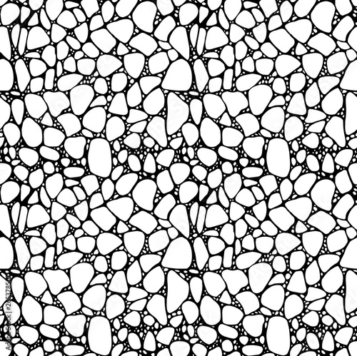 Seamless black and white pattern. Stones. Drawing by hand. Stylish background with sea pebbles.