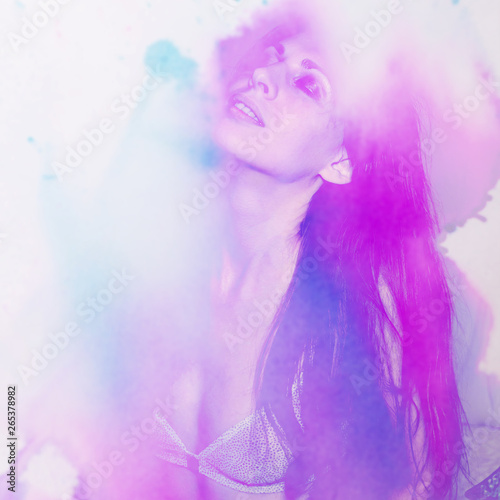 woman in lingerie. Ultra violet watercolor splash
