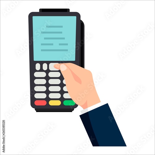 Payment terminal - a finger entering the PIN code. Vector illustration hand entering pin code on credit card, POS or a PDQ terminal in flat style.
