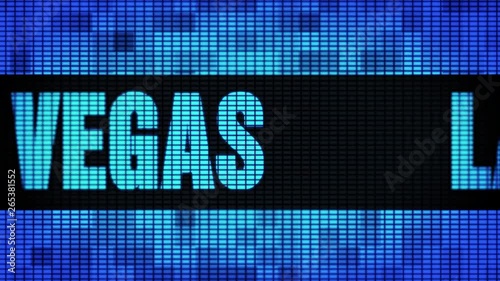 LAS VEGAS Front Text Scrolling on Light Blue Digital LED Display Board Pixel Light Screen Looped Animation 4K Background. Sign Board , Blinking Light, Pixel Monitor . LED Wall Pannel