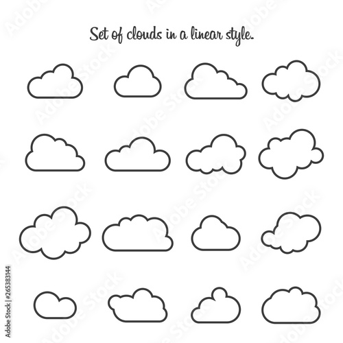 Set of clouds in a linear style. Cloud in line or outline. Vector