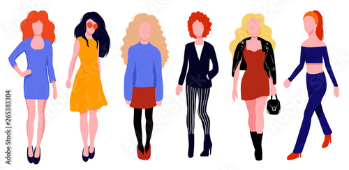 Woman character in dress set. Colorful silhouette set