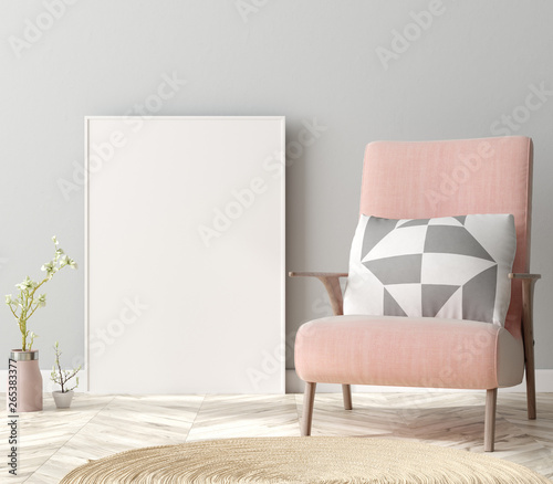 Fototapeta Mock-up poster in Scandinavian style living room background, 3d render 
