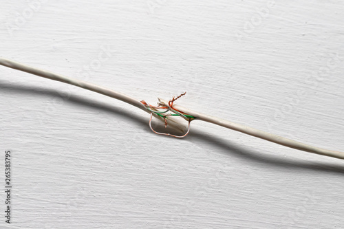 Broken cable against a white wall. Copper wires are twisted by hand and not insulated.