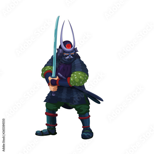 Asian samurai warrior preparing for a fight, holding a sword, vector illustration