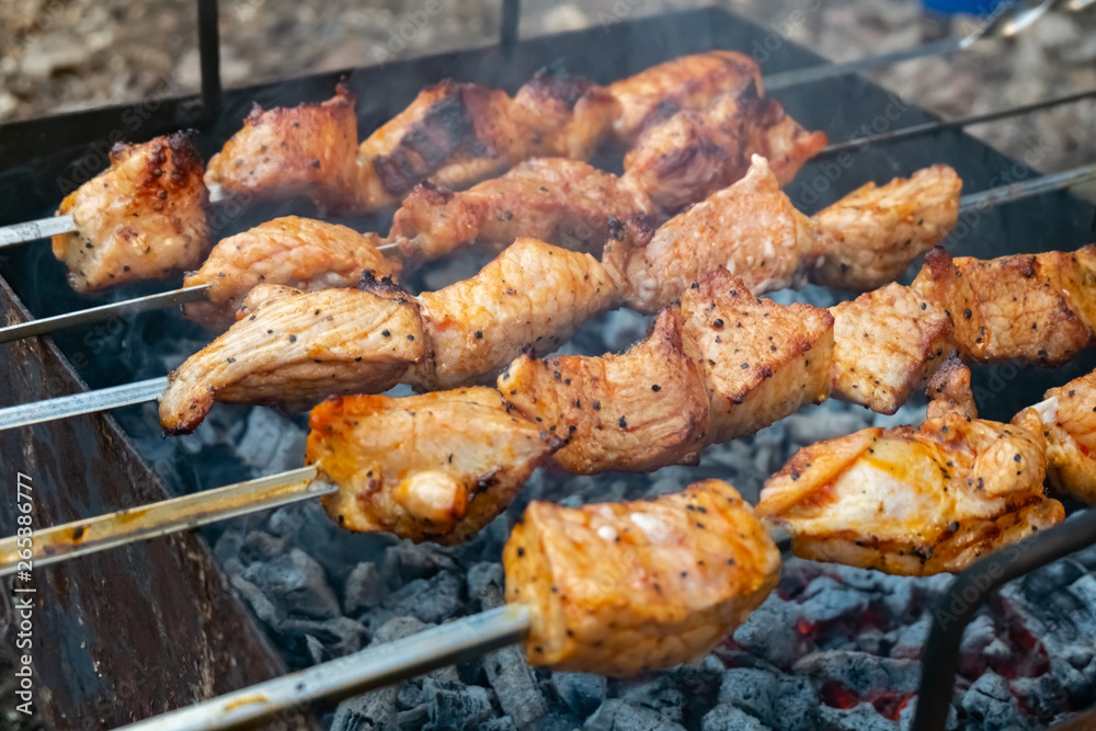 Cooking pork meat on the fire. Skewers with shashlik barbeque BBQ grill outdoor picnic.