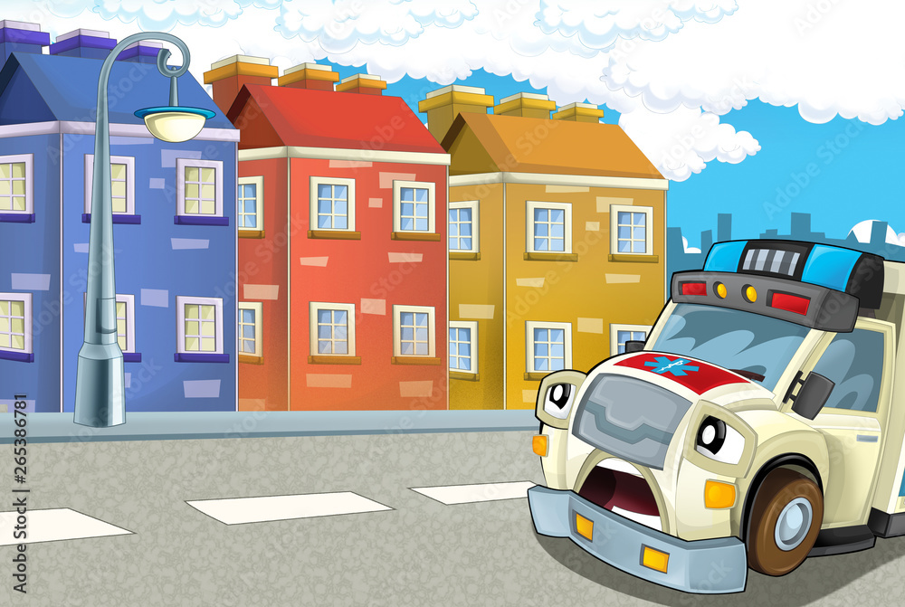 cartoon scene in the city with ambulance driving through the city - illustration for children