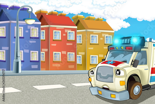 cartoon scene with police car and sports car car at city police station and policeman - illustration for children © honeyflavour